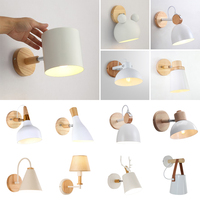 Nordic Wooden Wall Lights Bedside Lamp Modern Wall Sconce for Bedroom Reading White Lampshade Steering Head E27 Home Lighting