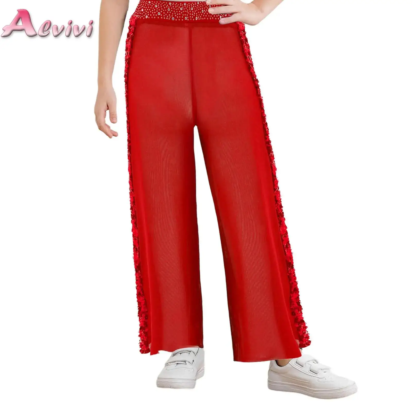 

Kids Girls Shiny Rhinestones Wide-Leg Trousers Sequins Sheer Mesh Pants Figure Skating Modern Latin Dance Performance Costume