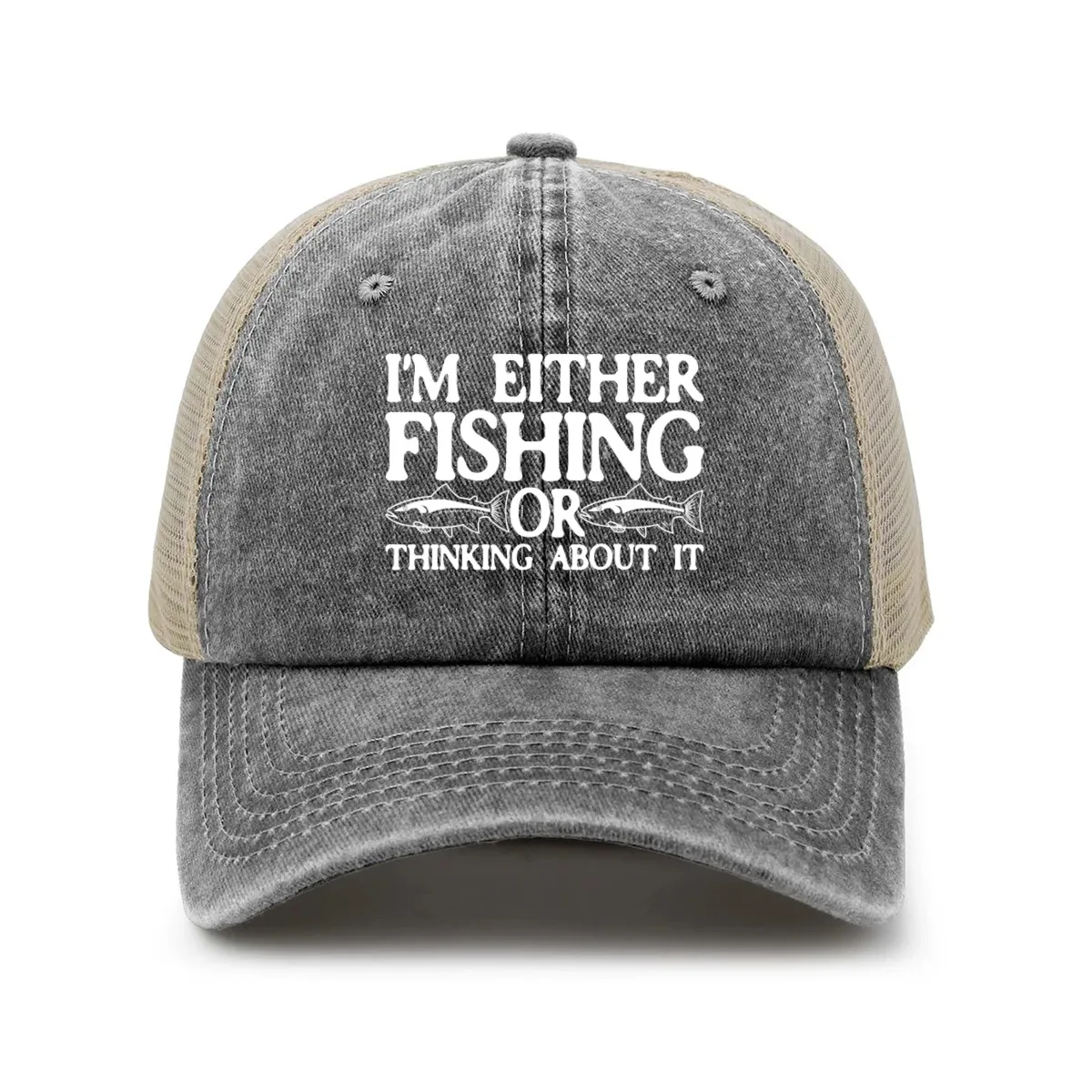 Unisex Baseball Cap with "I'm Either Fishing or Thinking About It" Design Gray Beige Trucker Hat for Outdoor Casual Wear view 2