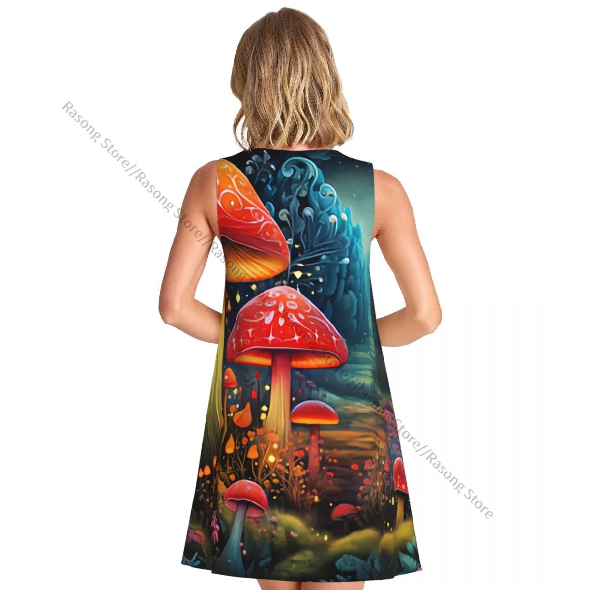 Vestido sin mangas con cuello redondo, paisaje de bosque de fantasía con setas, vestido informal hasta la rodilla para mujer, vestidos largos