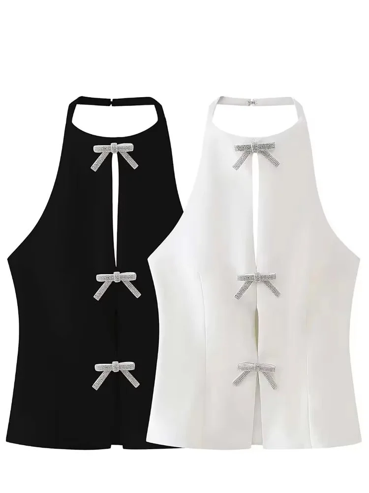 Zomertop Vrouwelijke sieraden Strikdecoratie Hangende halskraag Mouwloze top 2025, mooie slingtop voor dames