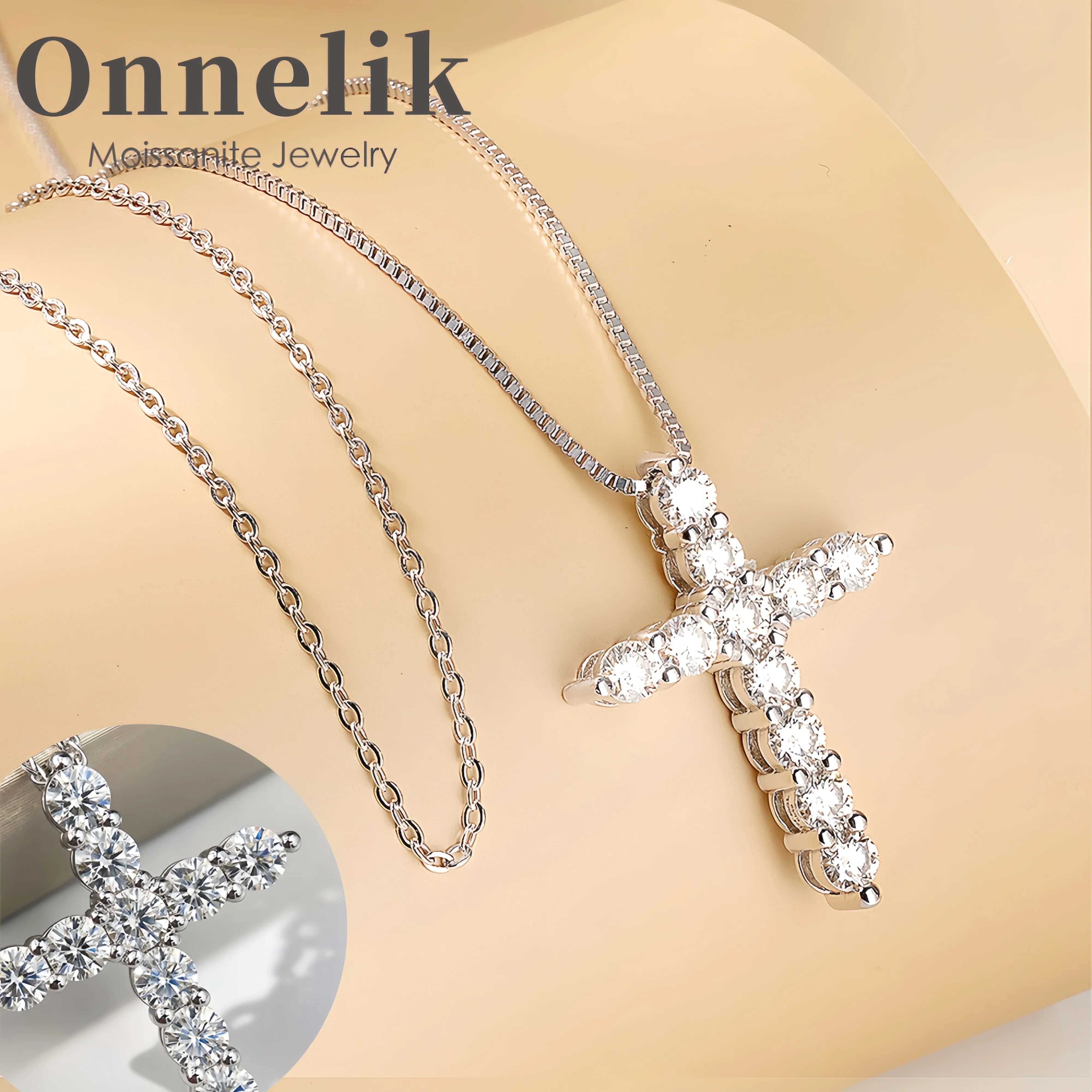 

Onnelik Full Moissanite Cross Pendant Necklace Original S925 Sterling Sliver Chain 45CM Necklace for Women Elegant Jewelry Gift