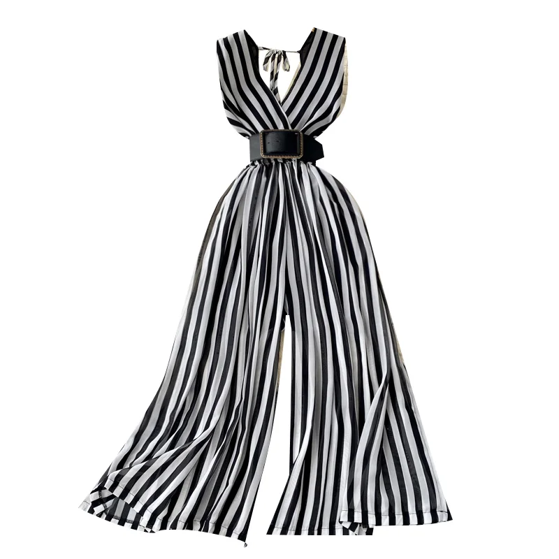 Long Jumpsuit Summer Woman Temperament V-neck Chiffon Striped Waist New Korean Version Sleeveless Jumpsuit Wide-leg Jumpsuit