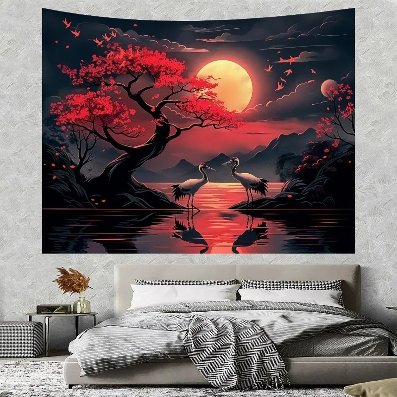 Japanese Style White Crane Tapestry，Cherry Blossom Tree and Red Sun Bedroom Wall Tapestries Living Room Bedroom Dormitory Decor