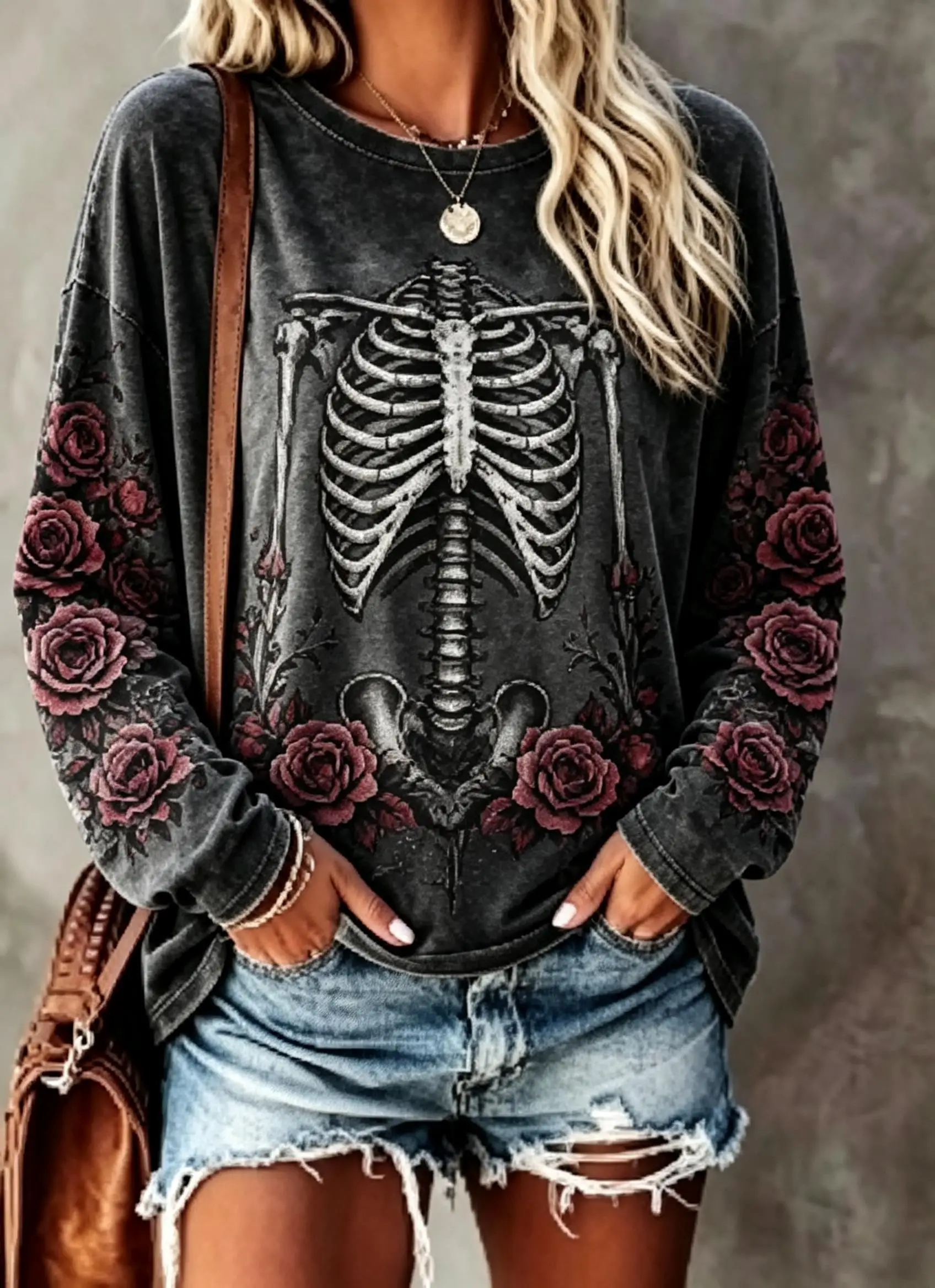 Women Halloween Long Sleeve T‑Shirt Skeleton Ribcage Blue Purple Rose Gothic Print Crew Neck Tops