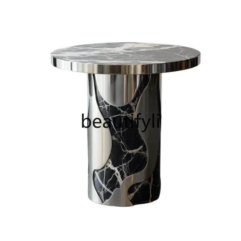 

xItalian light luxury sofa next to the marble small coffee table modern simple small apartment movable stainless steel edge ta