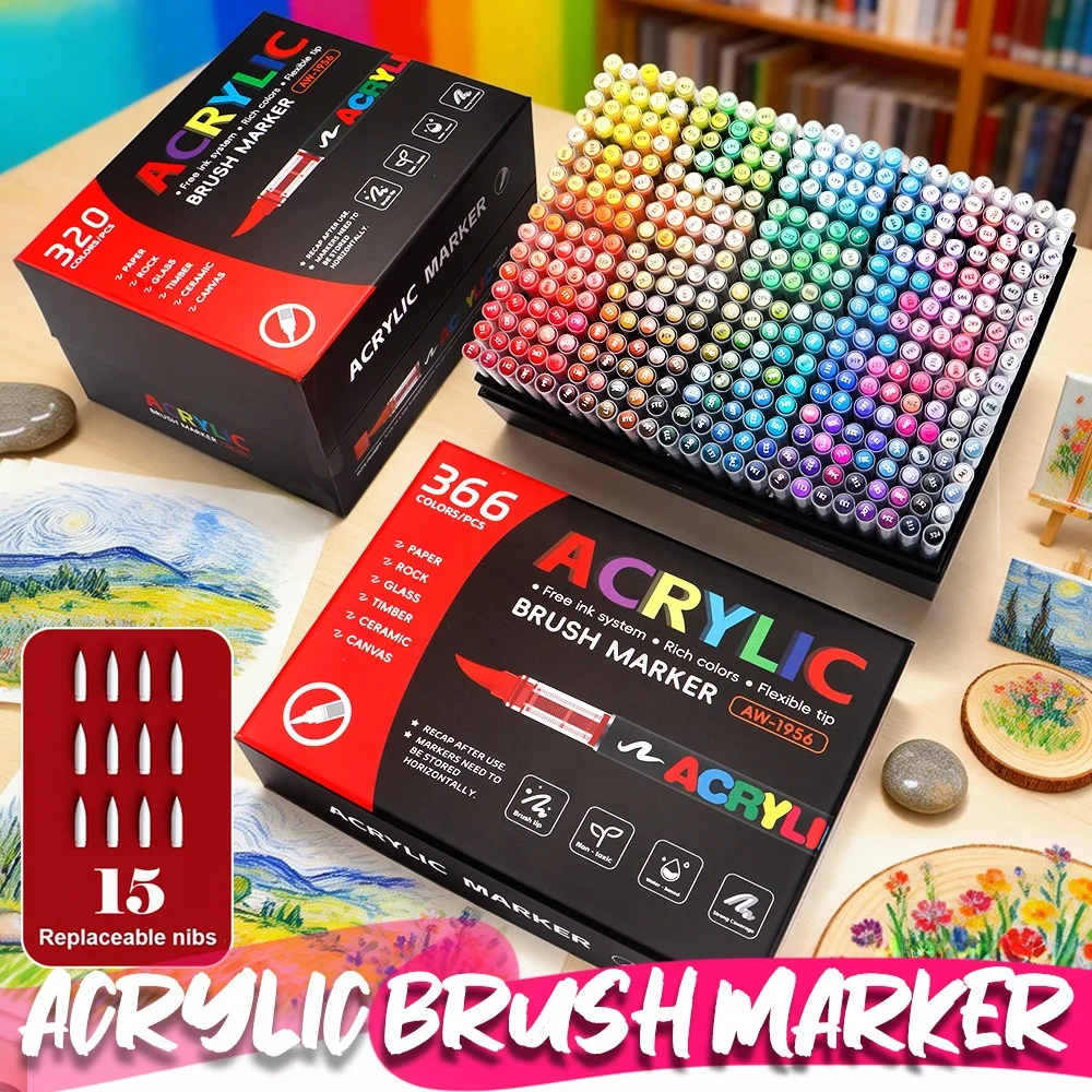 320/366 Colors Set Acrylic Paint Markers Brush Tip Paint for Rock Painting Festival Gift DIY Art Pens Comes Remove Luggage