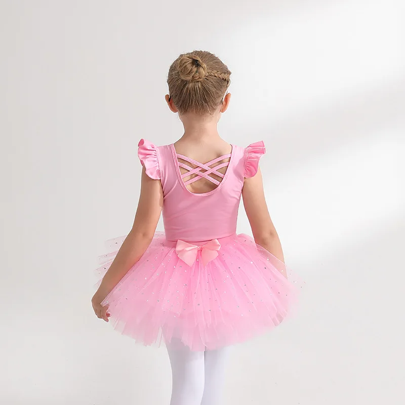 Children\'s Gymnastics Costume Girls Ballet Bodysuit Summer Fly Sleeve Cotton Toddler Criss Cross Figure Skating Princess Leotard