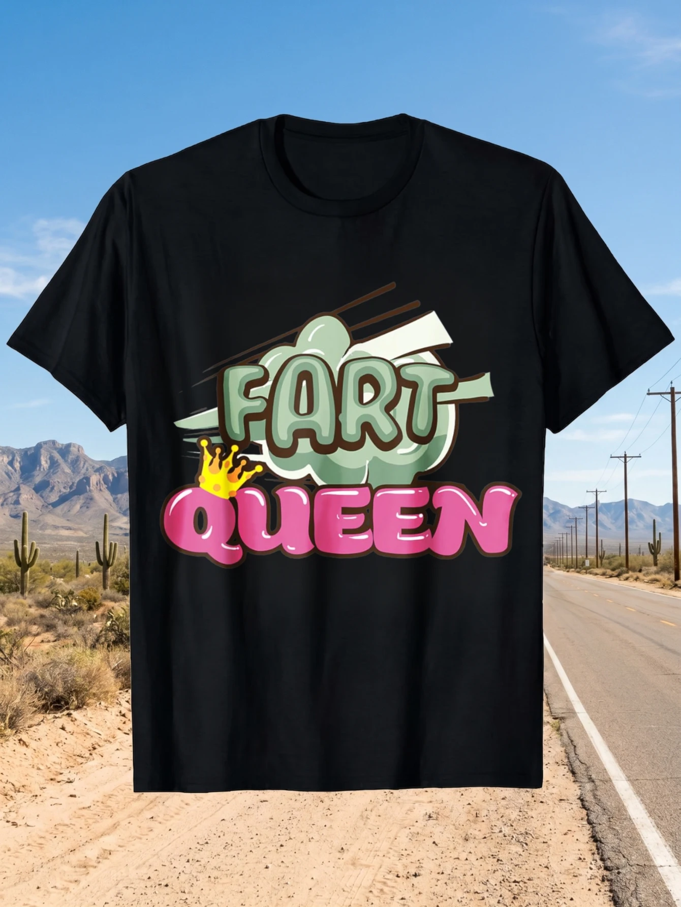 1 Stück 100% Baumwolle Unisex T-Shirt mit Aufdruck „Fart Queen“ mit Krone und grüner Wolke, O-Ausschnitt, kurze Ärmel, Übergröße, bequeme Freizeitkleidung, maschinenwaschbar