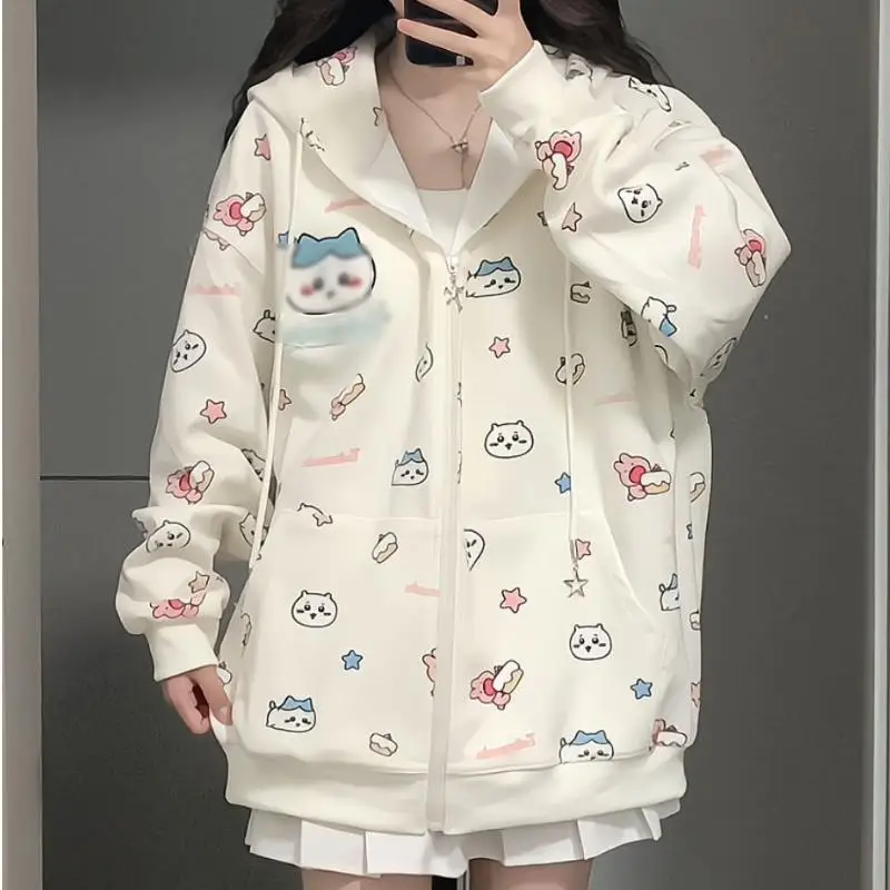 Sudadera con capucha con estampado de dibujos animados de Anime japonés para estudiantes, cárdigan versátil suelto, chaqueta con cremallera, Tops de manga larga, Chiikawass Hachiwares