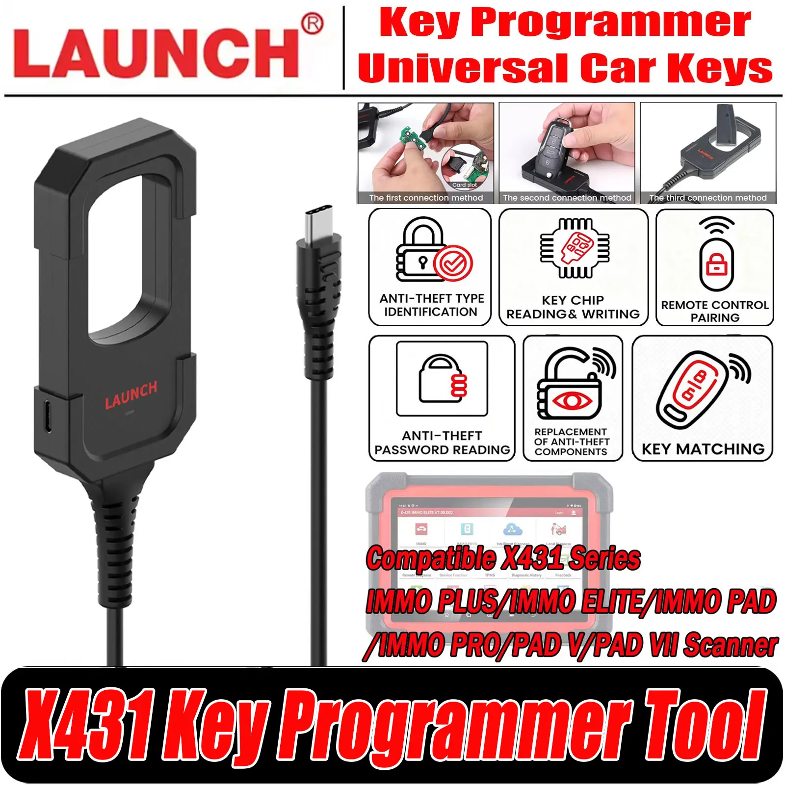 LAUNCH X431 Key Programmer Tool IMMO Programming Work with X431 Full Series PAD V/ IMMO PLUS/ IMMO ELITE with 4 Smart Keys Set