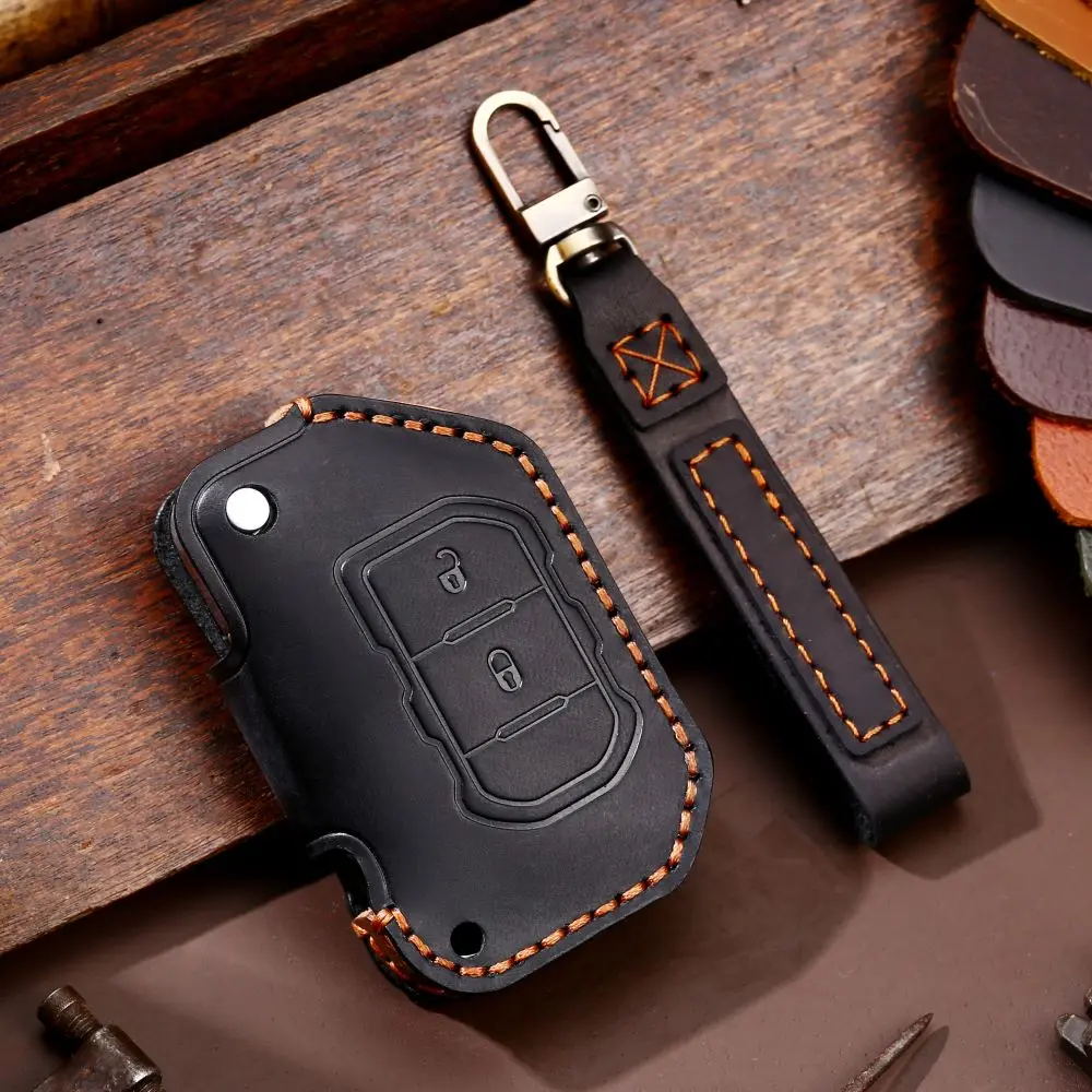 Leather Handmade Car Remote Key Case Cover Holder Car Key Fob Keychain Accessories For Jeep Wrangler