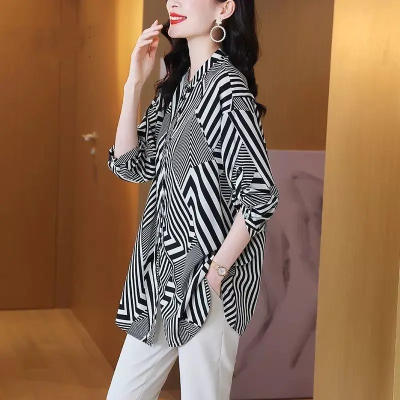 Summer Women 3/4 Sleeve Stripe Chiffon Shirts Button Fashion Simple Versatile Commuter Elegant Casual Mid Length Loose Blouses