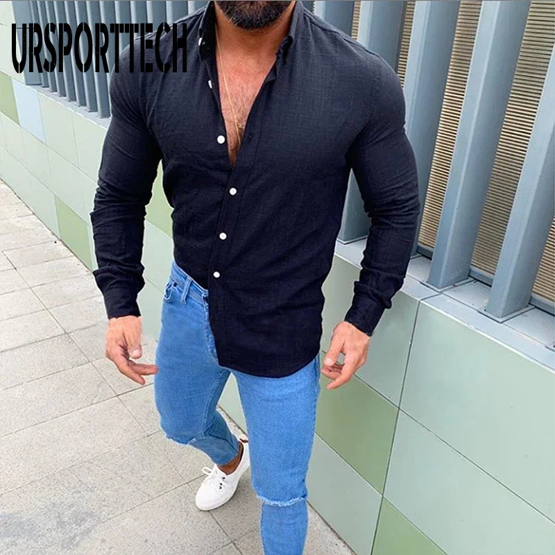 URSPORTTECH Kemeja Kualitas Tinggi Pria Kasual Lengan Panjang Kancing Kerah Kemeja Linen Pria Musim Semi Musim Gugur Streetwear Camisa Masculina