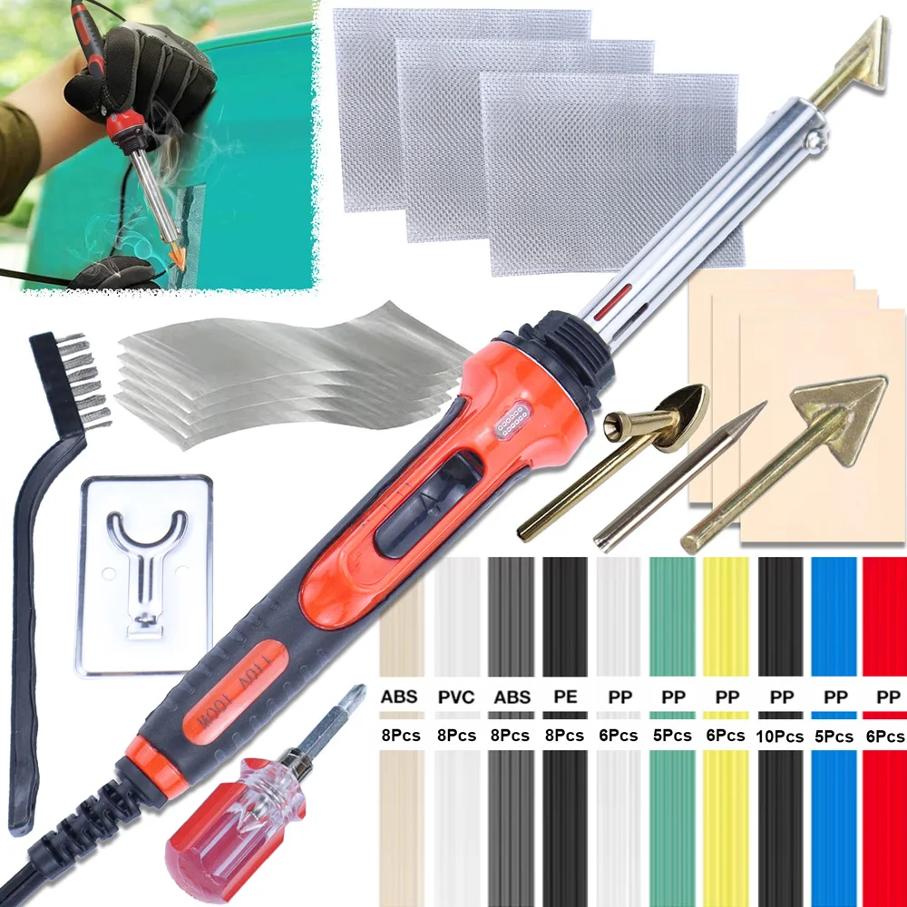 

Набор для сварки пластика 100 Вт, 70 сварочных прутков, 4 насадки, паяльник 3-в-1, комплект для ремонта бамперов и каяков своими руками