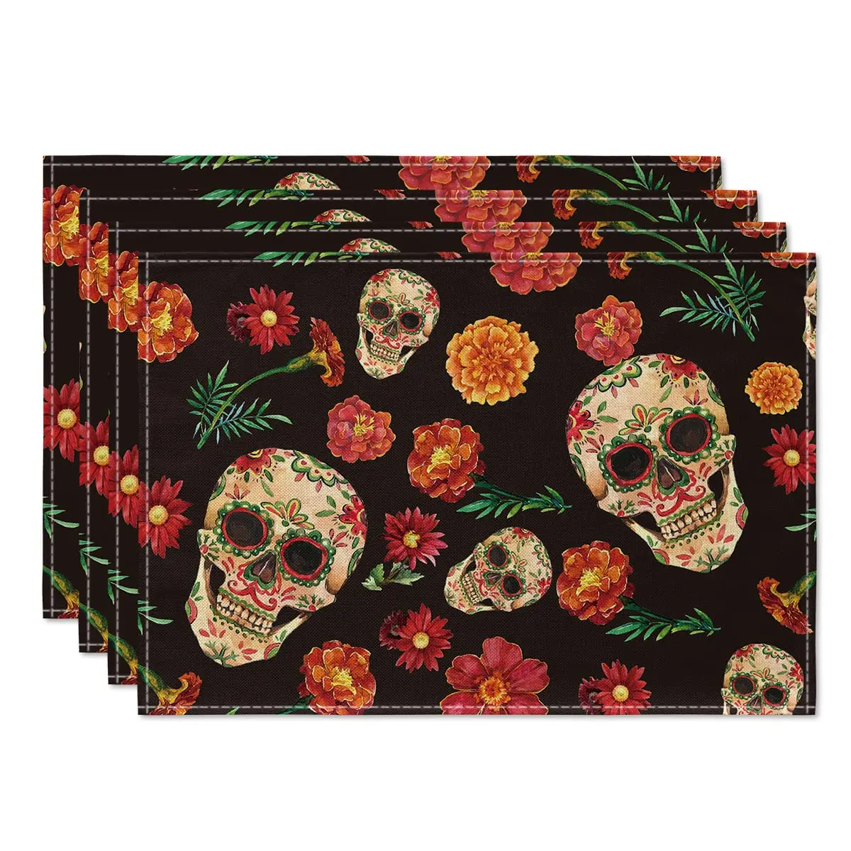 Sugar Skulls Marigolds Day of The Dead Placemats Set of 4,12x18 Inch, Halloween Table Mat for Party, Kitchen, Dining Decor