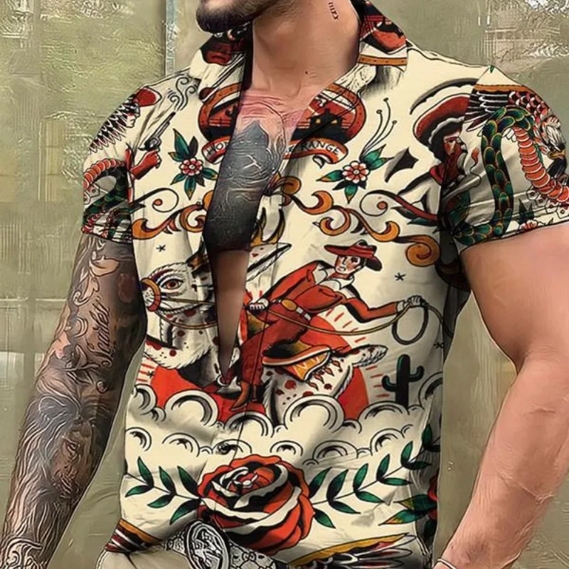 Summer Men's Lapel Single Breasted Cardigan Graffiti Plant&Flowers Printed Short Sleeved Tee Shirt Fashion Casual Vacation Tops