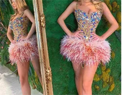 Gorgeous Cocktail Dress Diamond Suspenders Mini Prom Party Gown Classic Colored Gemstones Lace Pink Feathers Elegant New Style