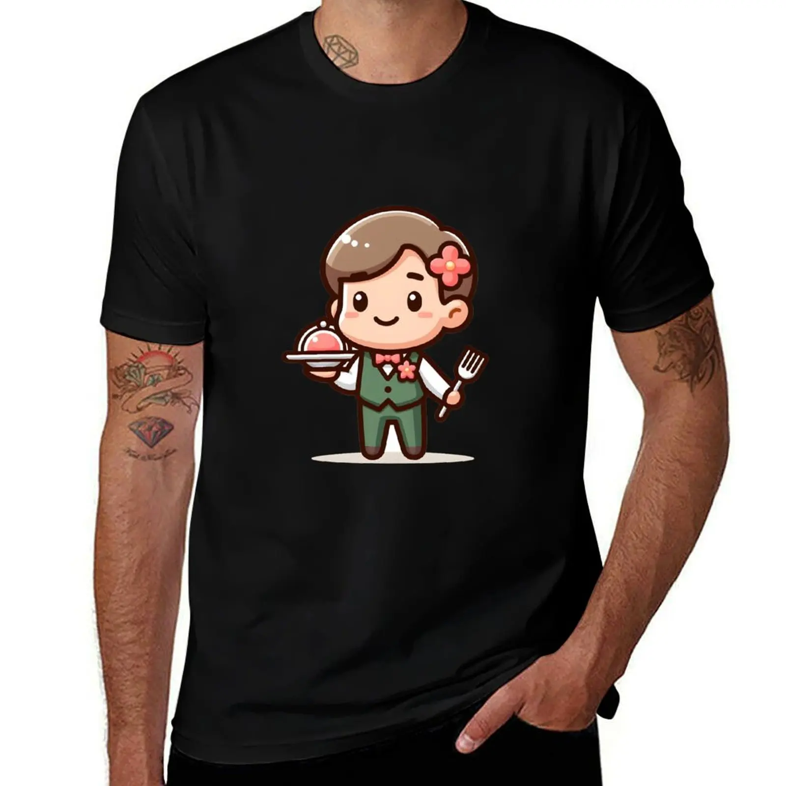 Kawaii Waiter With A Neat Waistcoat And A Flower In The Pocket T-Shirt Fitness Quick Dry Short Sleeve Top T-Shirt