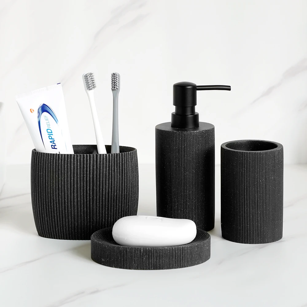Black Bathroom Accessories with Toothbrush Holder Soap Dispenser Tumbler Cups Soap Dish an Toilet Brush Holder