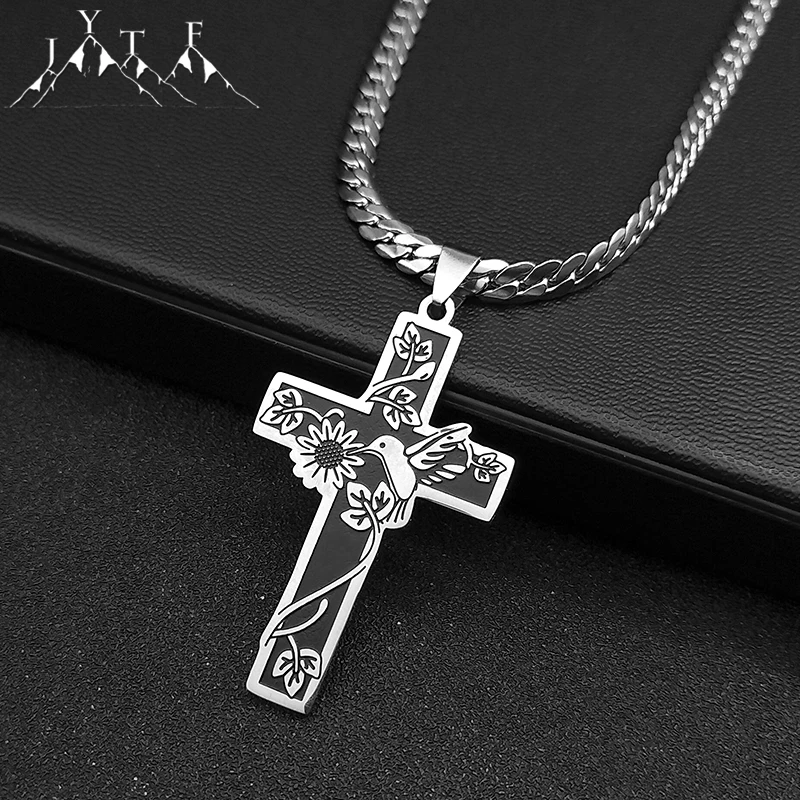 

Hummingbird Flower Cross Pendant Necklace for Women Men Stainless Steel Silver Color Sunflower Chain Jewelry collar N2588-7S05