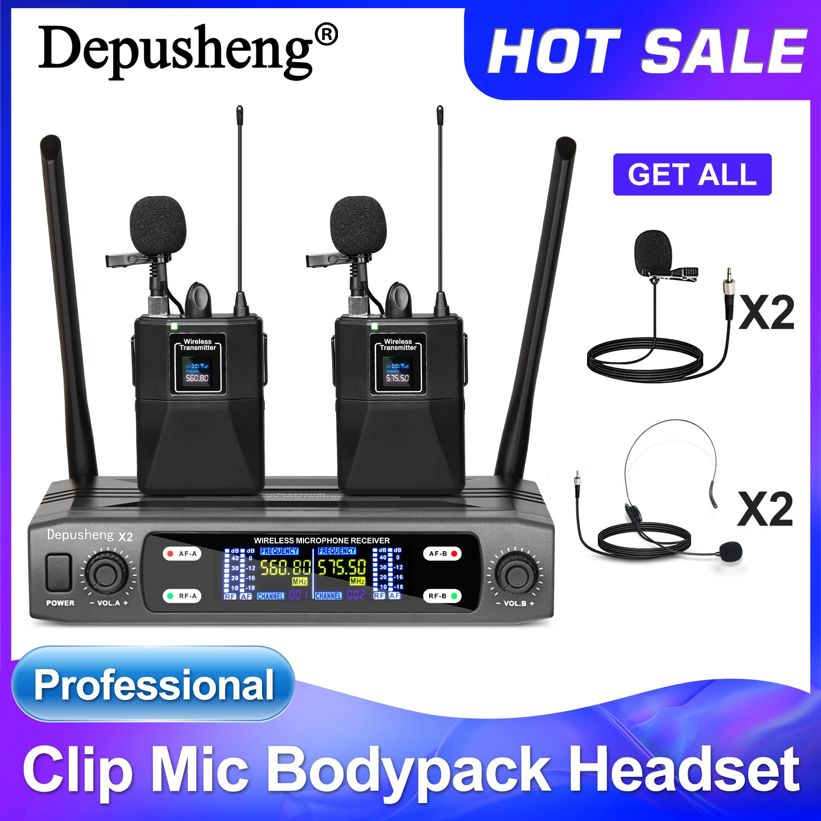 

Wireless Lavalier Microphone Depusheng X2-CLIP VHF Fixed Dual Frequency Wireless Set For Stage Show