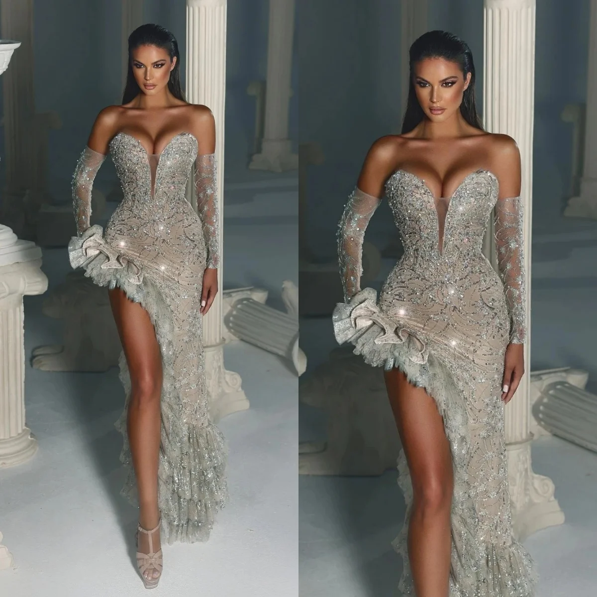 

Сексуальное милое платье для выпускного вечера с блестками, блестящее вечернее платье с рюшами и рюшами, длиной до пола, вечернее коктейльное платье с разрезом по бокам