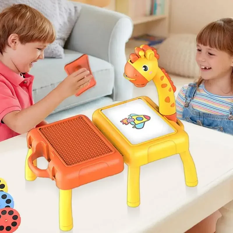 Children's Projection Painting Board Multifunction Storage Table Lights Music Projector Drawing Board Paint Toy for Kids Gifts