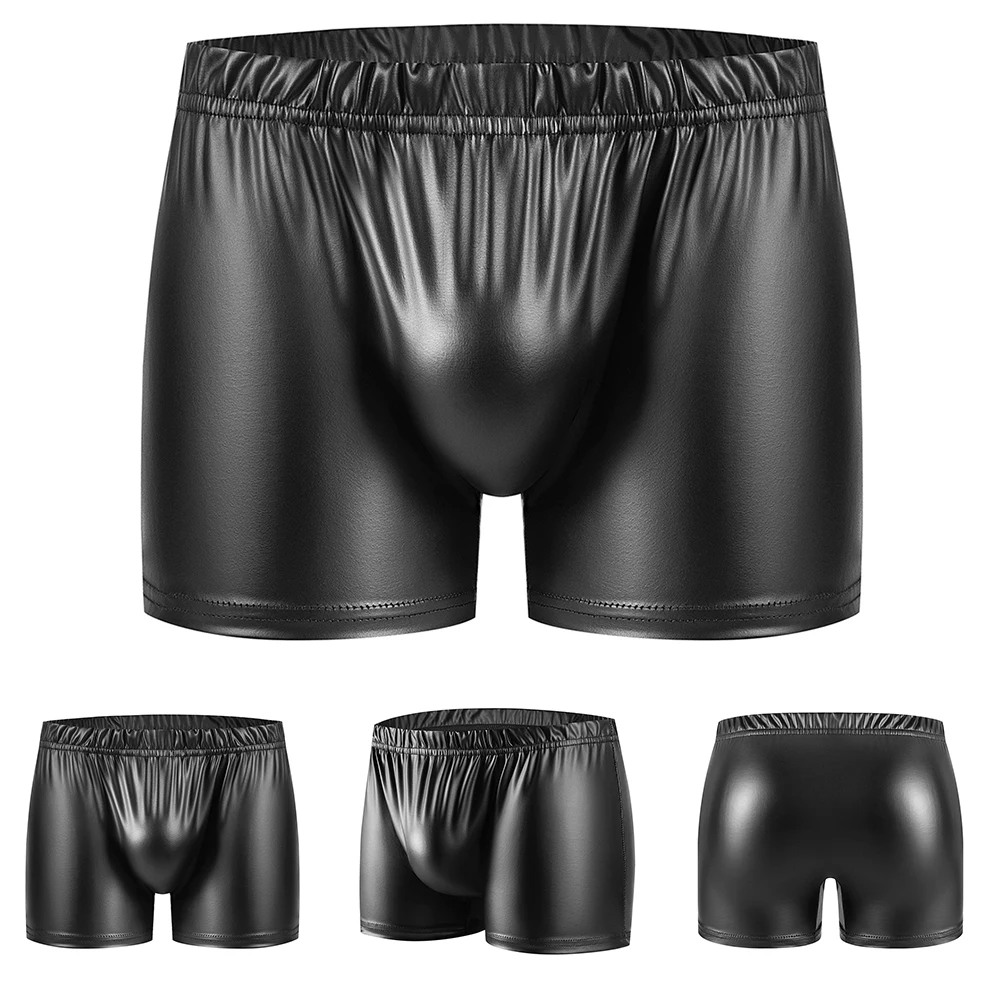 Sexy Mannen Zwart Kunstleer Boxer Briefs Pouch Slipje Wetlook Trunks Onderbroek Slanke Strandshorts Zacht Ondergoed