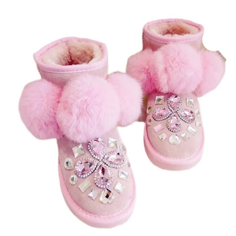 

Cute Pink Cow Suede Fluffy Ball Snow Ankle Boots Woman Winter 2022 Shoes for Women Rhinestone Crystals Flat Warm Plush Boots