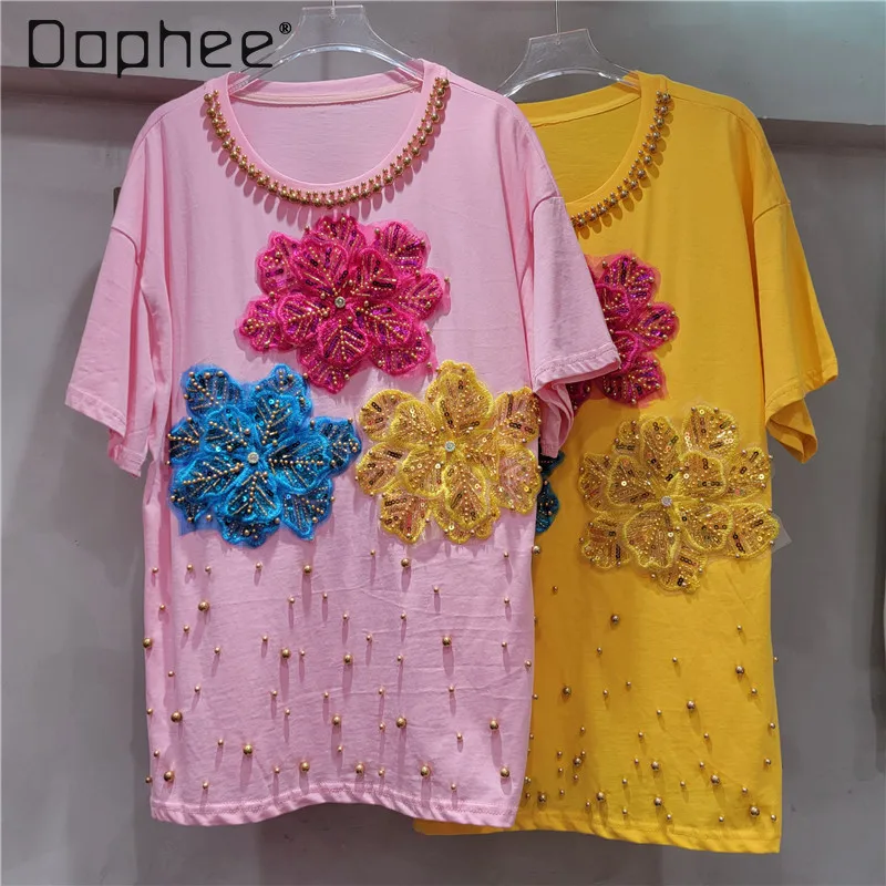 

2025 New Women's Heavy Industry T-shirt Women Design Nail Beads Three-dimensional Three Flowers Loose Casual Fashion Tops