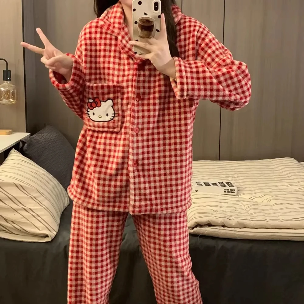 

Комплект пижамы Kawaii Y2K в стиле аниме Hello Kitty для женщин: зимний утепленный домашний костюм, комплект для отдыха, пижамный костюм с брюками, комплект для дома для девушек