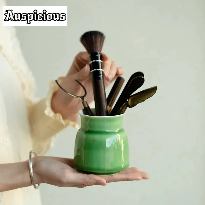 

Elegant Emerald Green Tea Six Gentlemen Tea Tool Set Teaware Utensils Jardiniere Small Vase Chinese Tea Set Supplies Decoration
