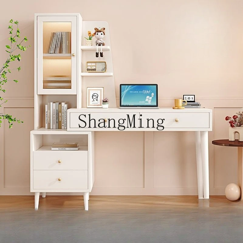 

SM solid wood bookshelf computer desk home writing study table cream wind retractable table