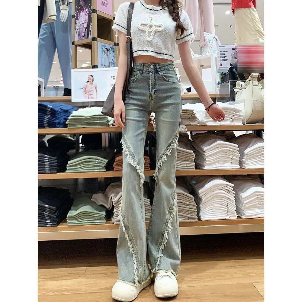 

Retro Flared Denim Jeans Women's Fce Design Sensation Small Elastic Versatile Frayed Hoof Pants High Waist Bell Bot