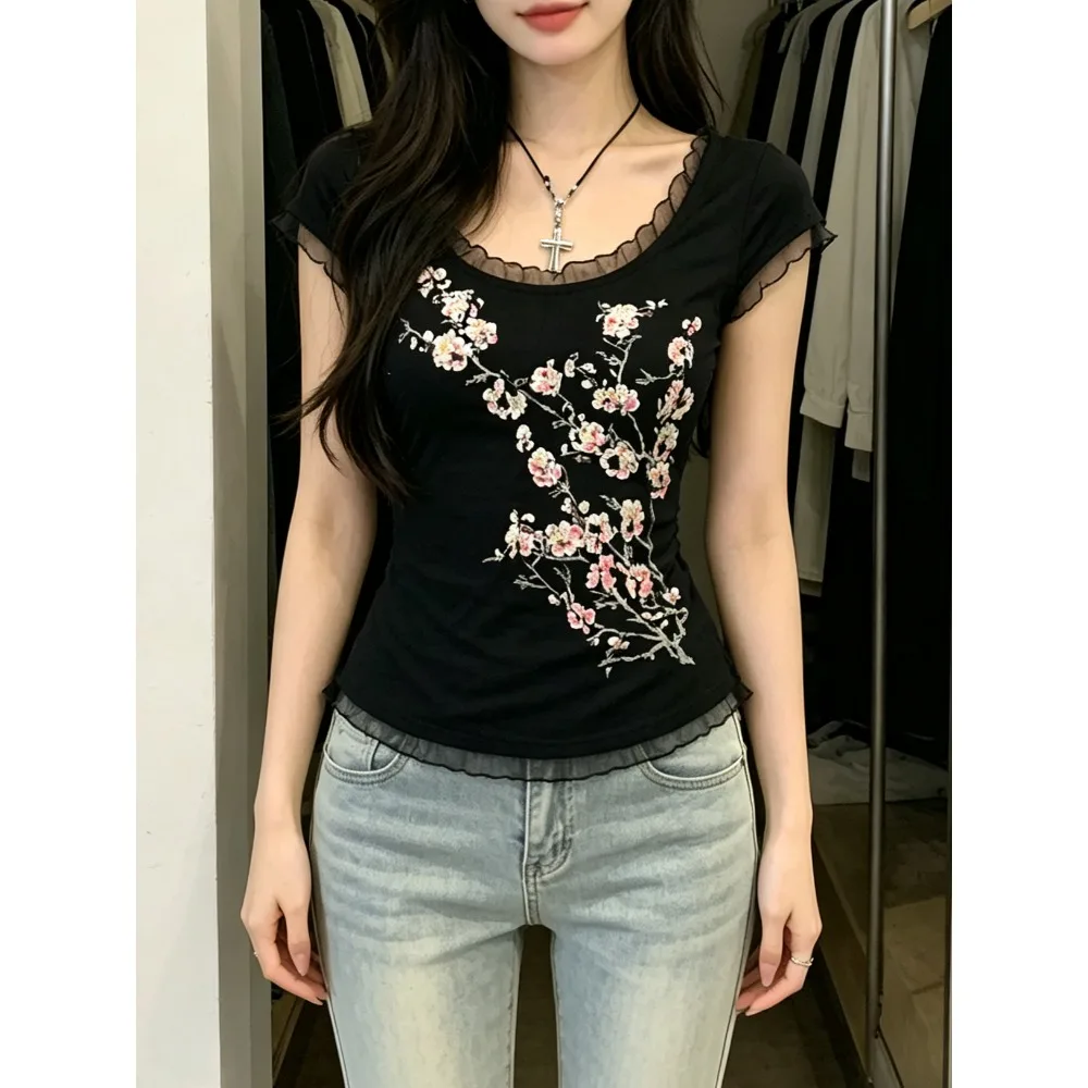 Y2K Gothic Floral Cherry Blossom Print Short Sleeve T Shirt Clearance Sales for Woman Clothing  Lace Slim Fit  Vintage Tee Top