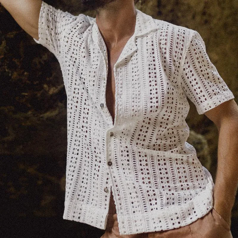 2026 Spring and Summer New Men's Casual Lining Hollow Design Loose Short-sleeved Shirt