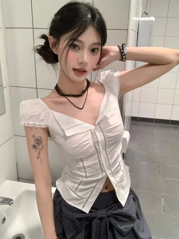 

2025 Y2k Aesthetic Sexy Women Blouse Harajuku Summer Single Breasted ​grunge Tops Vintage Puff Sleeve Bodycon Pleated Blusas
