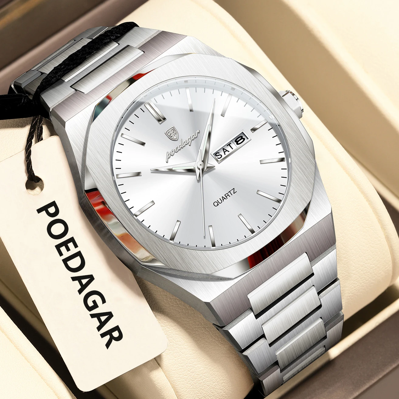 POEDAGAR Top Fashion Man Wristwatch Stainless Steel Date Week Business Men's Quartz Watches Waterproof Luminous Luxury Men Clock