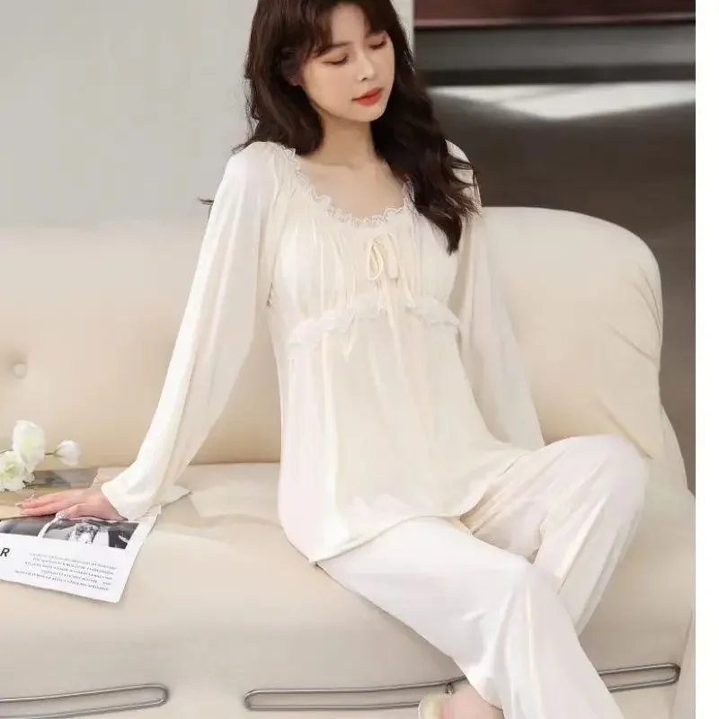 Korean version Pajamas female Spring and Autumn Long sleeve Lace thin Ms. sweet Can be worn outside A loungewear set