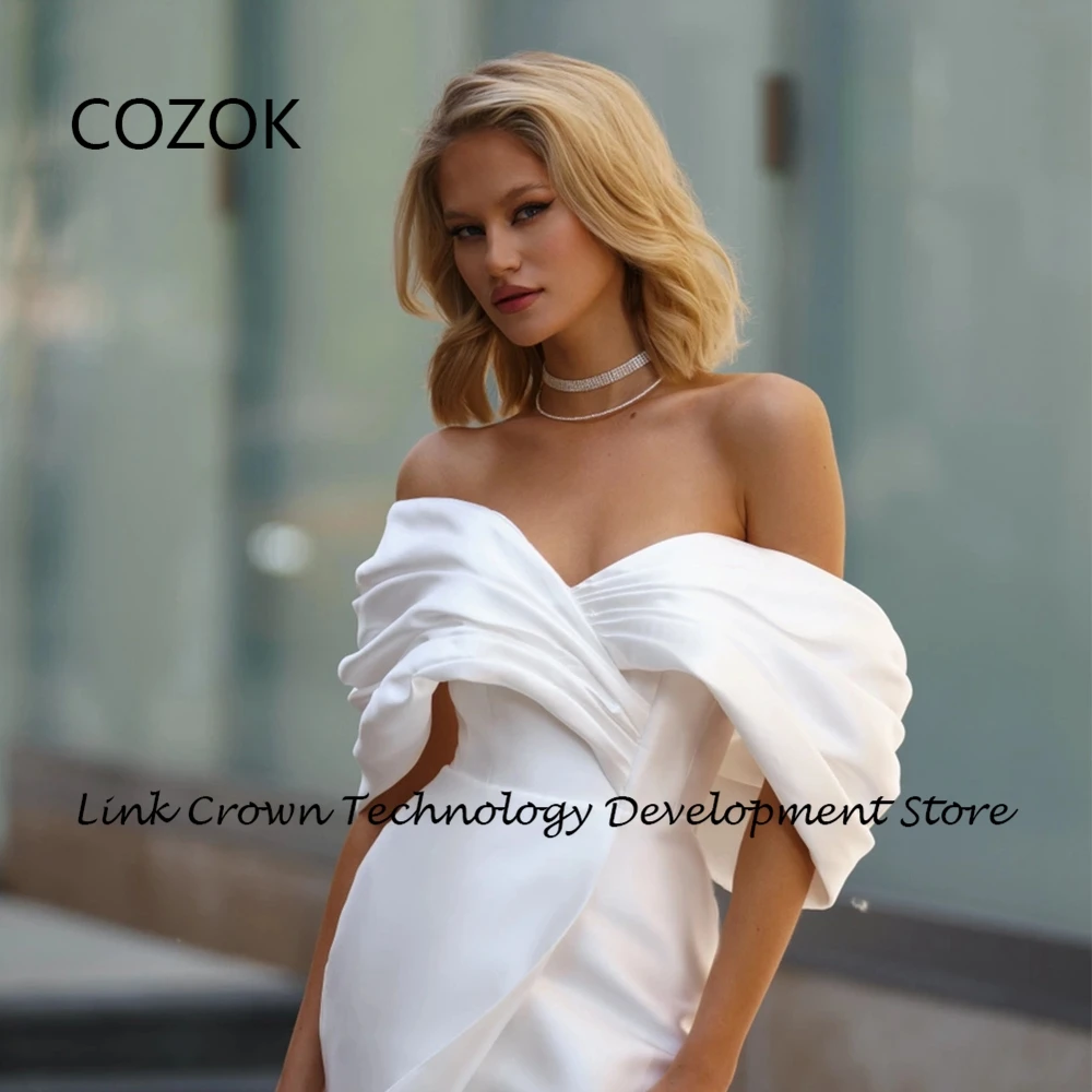 COZOK White Strapless Wedding Dresses for Women Front Slit 2025 Summer Court Train Satin Bridal Gowns Pleat Vestido Novia New