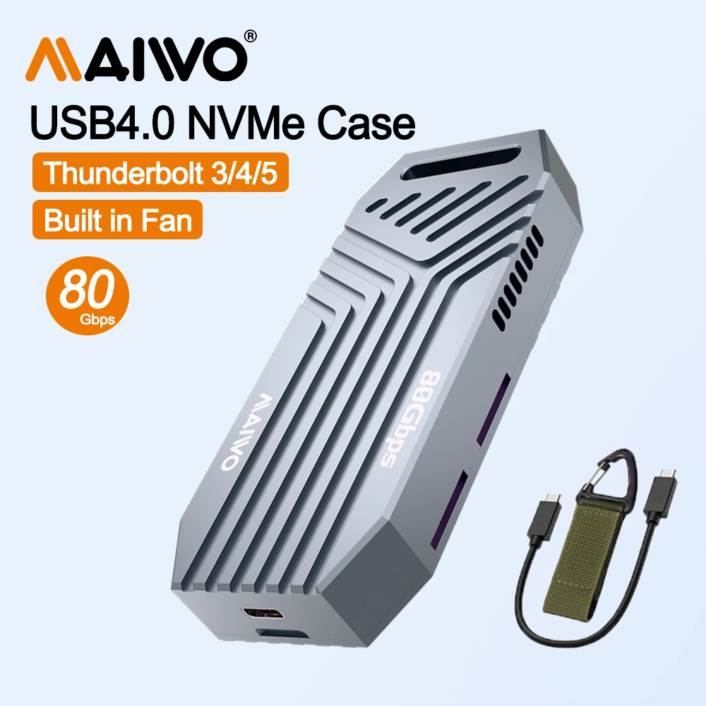 

Корпус SSD MAIWO 80 Гбит/с USB 4 M.2 NVME с охлаждающим вентилятором, алюминиевый корпус Thunderbolt5/4/3 USB3.2/3 M.2 NVMe SSD для Macbook Pro