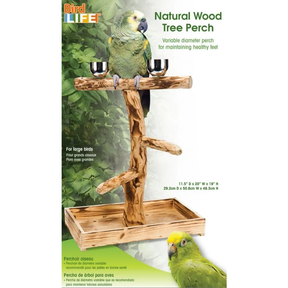 Bird-Life Natural Wood Tree Perch for Large Birds and Parrots – includes Food and Water Bowls and Drop Tray – Large