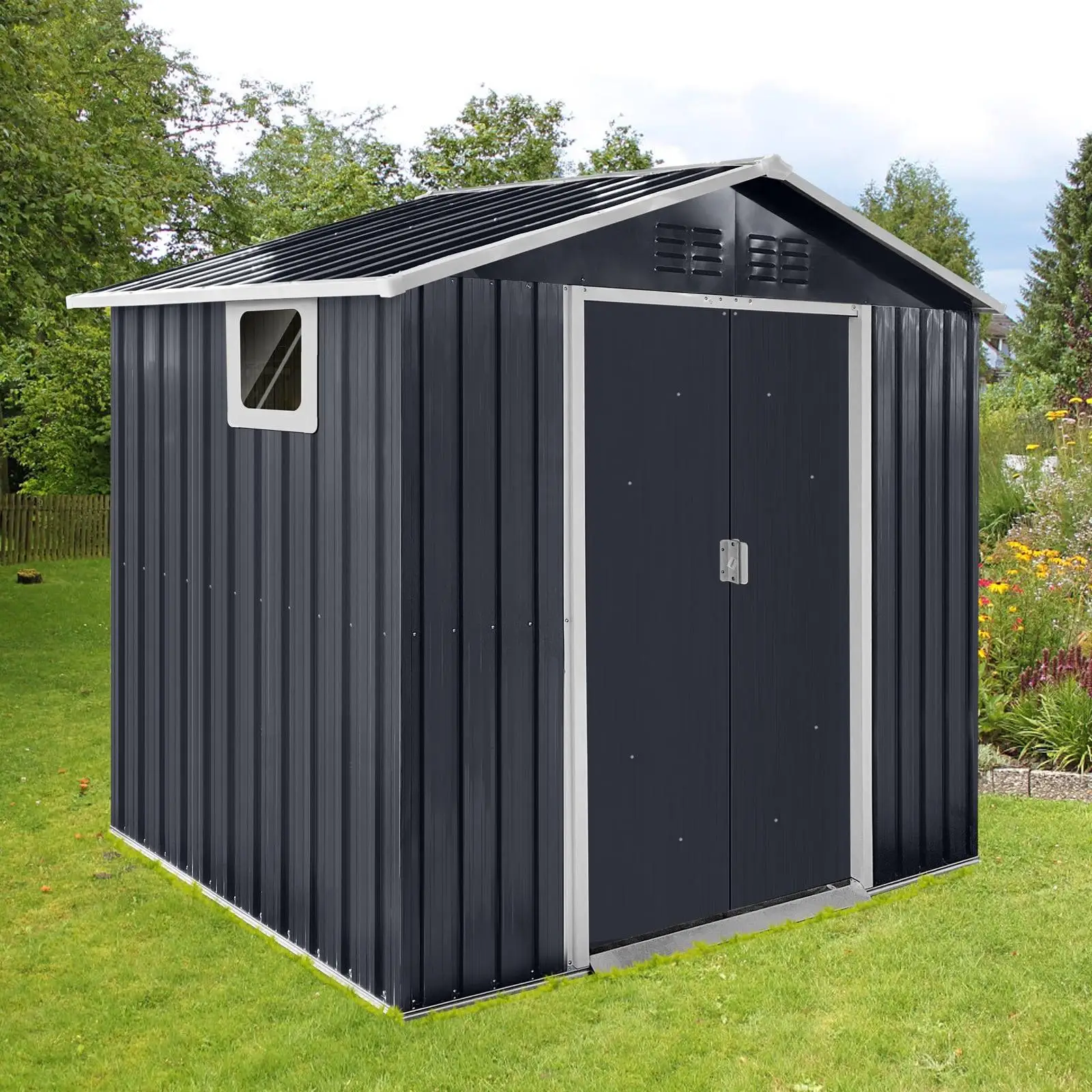 Small Metal Storage Shed 7ft Grey Weatherproof with Ventilation Perfect for Garden Tools Bikes Outdoor Equipment Organization