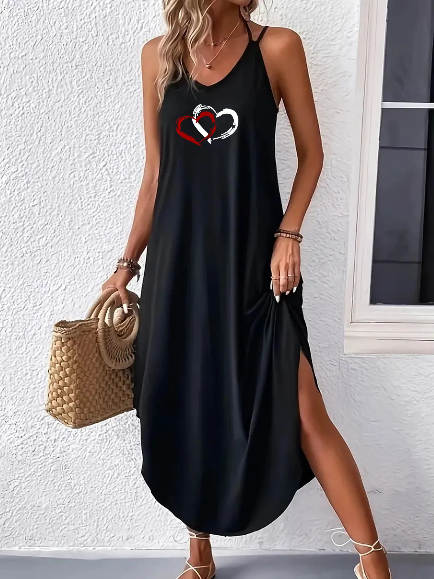

love Print Curvy Hem Cami Dress Sexy Sleeveless Spaghetti Strap Loose Maxi Dress Women's Clothing