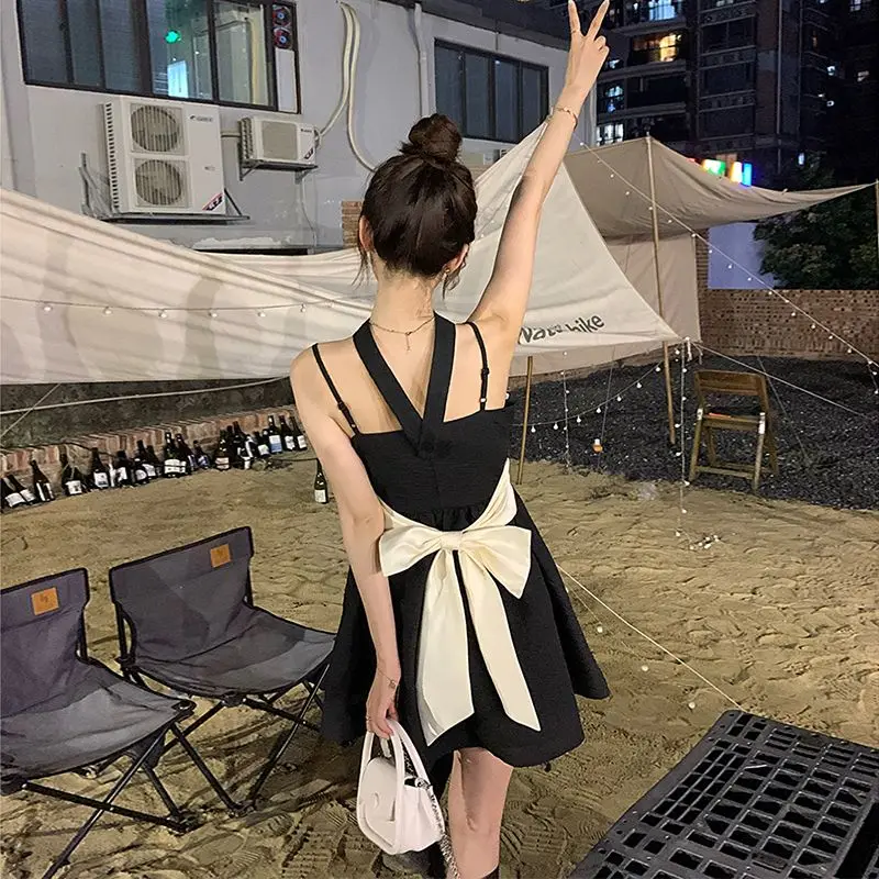 Black Camis Dresses Summer Korean Fashion Patchwork Solid Color Sling Mini Dress 2024 New Sweet Ruffles Slim Sexy Dress Femme