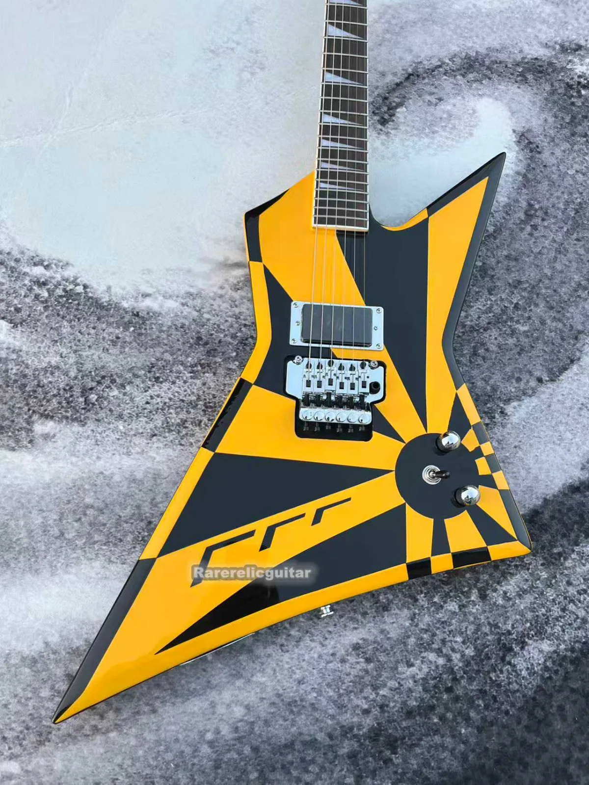 Custom Charv Black and Yellow Electric Guitar, EMG Pickups, Double-locking Tremolo Bridge,Silver Hardware