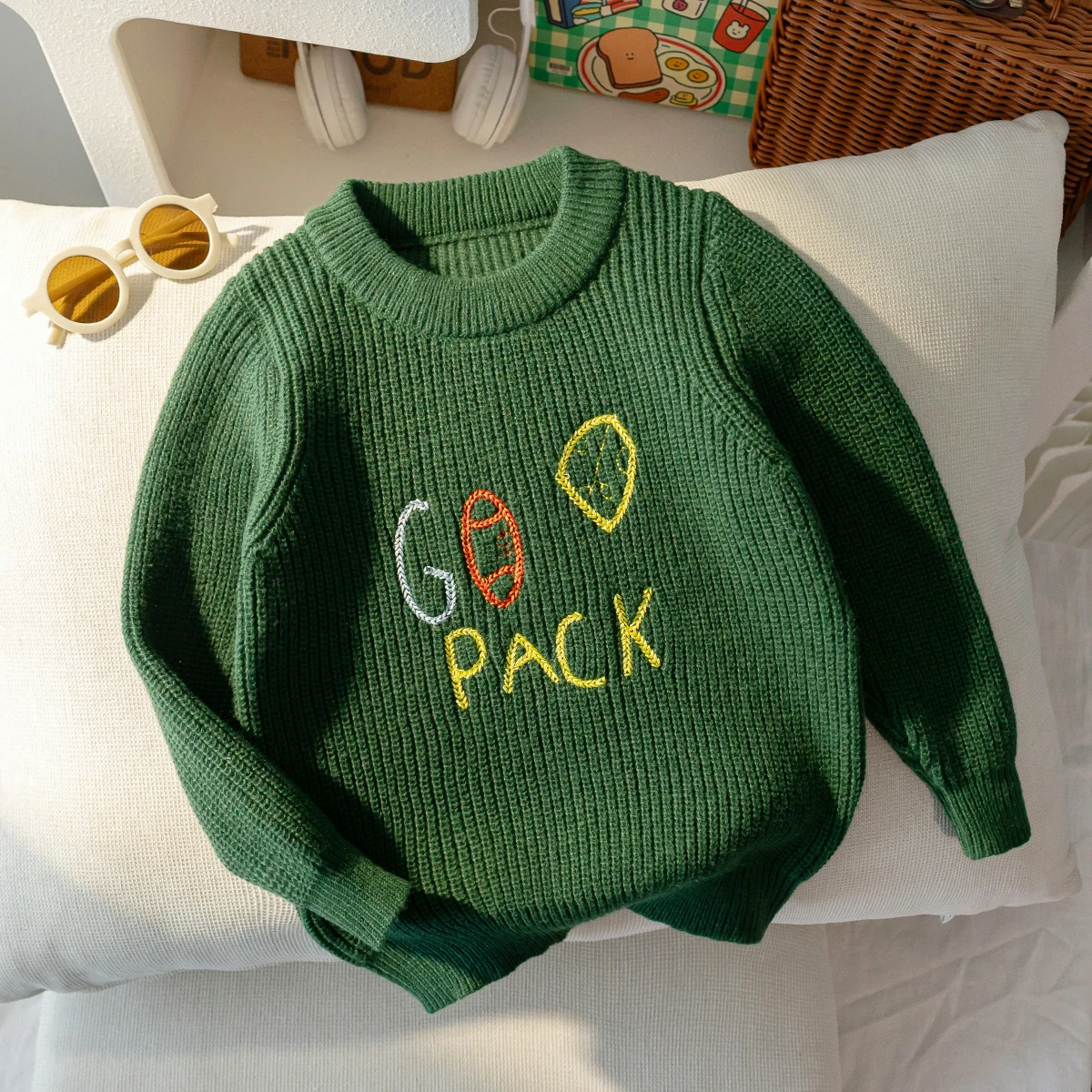 Boys and Girls' College Style Solid Color Alphabet Rugby Embroidered Round Neck Long Sleeve Sweater Knitted Hoodie