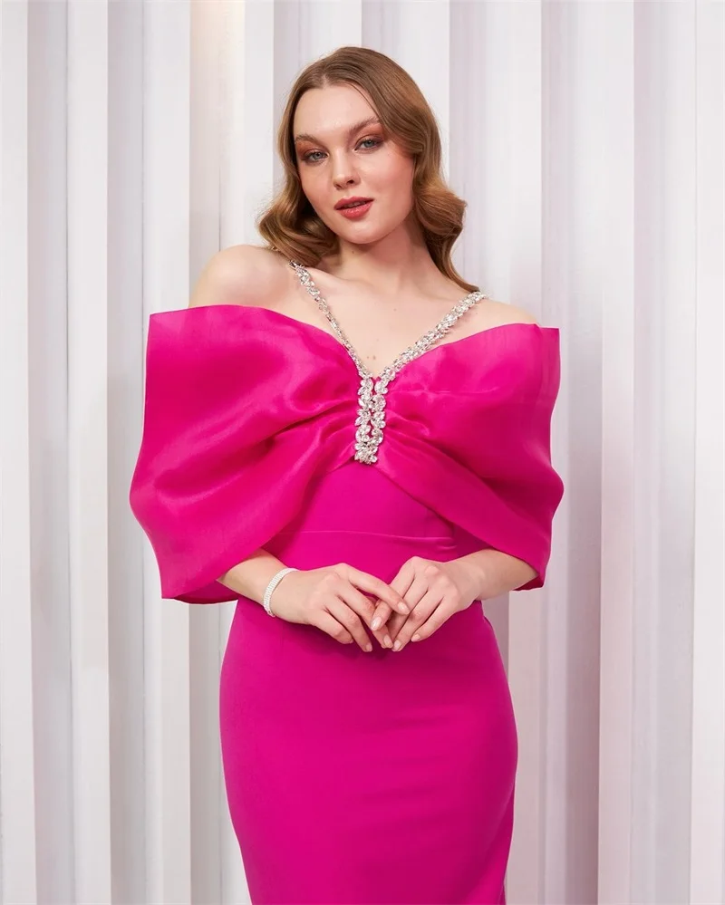 

Pink Bow Women's Prom Dress Sexy Crystals Strap Casual Formal Bandage Birthday Back Split Robe Slim Sheath Party Gown