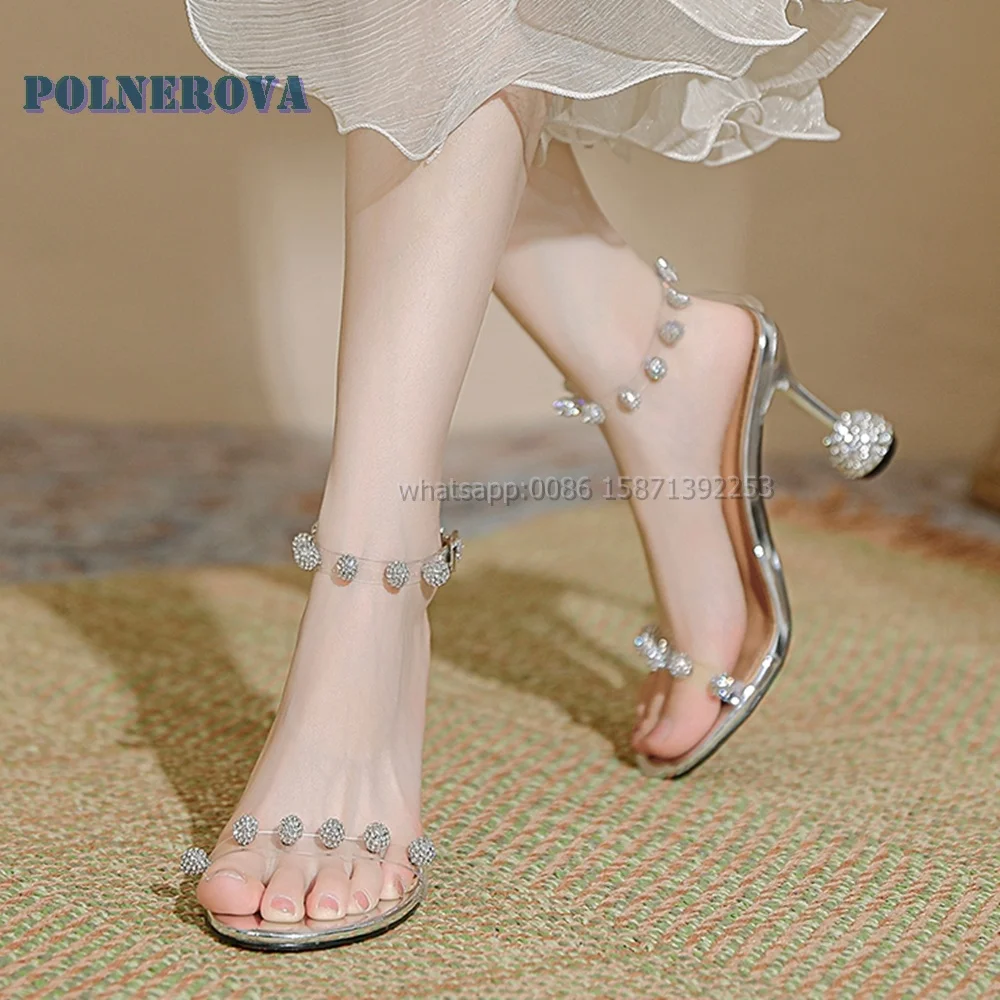 

Rhinestone Strange Style Silvery Sandals Open Toe Side Air Transparent Band Sexy Women Heels Elegant Luxury Party Wedding Shoes